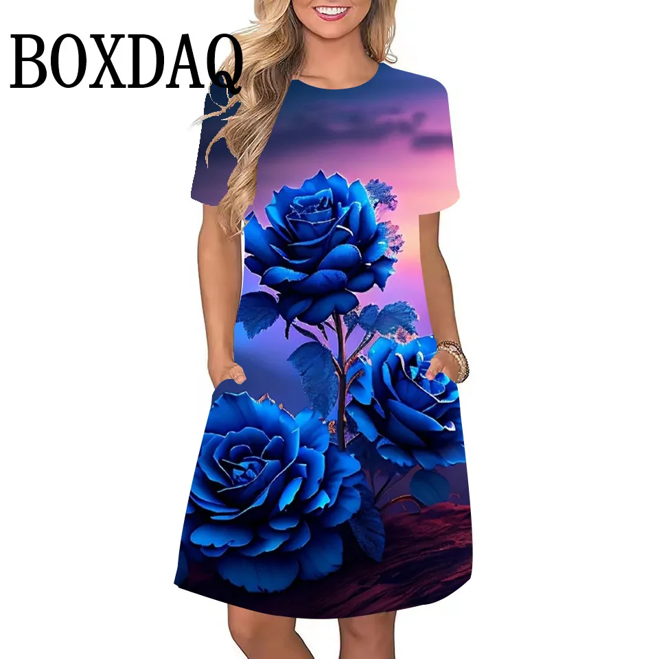 Summer Blue Rose Flowers Print Dresses Women Elegant Short Sleeve O-Neck Beach Party Dress Loose Casual Pockets Women's Clothing