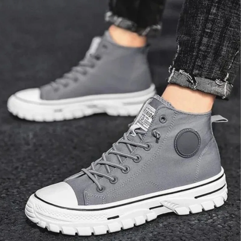 

2025 New Men's Canvas Shoes Male High Top Casual Espadrilles British Style Gray Skateboarding Vulcanized Shoes Comfort Sneakers