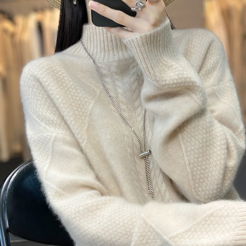 Autumn and Winter Women\'s Cashmere Wool Sweater Solid Knitted Loose Heat Keeping Half High Collar 100% Pure Wool Pullover Women\'