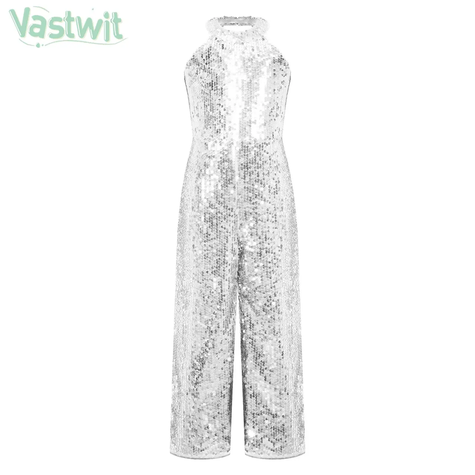 

Children Girls Party Bodysuit Sleeveless Sequin Halter Neck Jumpsuit for Birthday Wedding Party Evening Dance Stage Performance