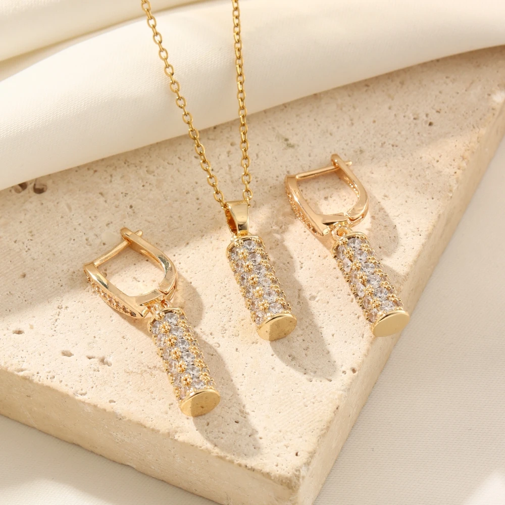 Cylindrical Pendant Jewelry Sets for Women Fashion Micro-set zirconia Dangle Earrings Pendant Necklace Wedding Party Accessories