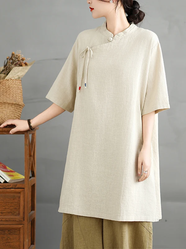 ชุดผู้หญิงผ้าฝ้ายลินินบางเบาสำหรับฤดูร้อน ชุดเสื้อผ้าพุทธศาสนา สไตล์เซน สีพื้นเรียบ คอตั้ง แขนยาวห้าส่วน