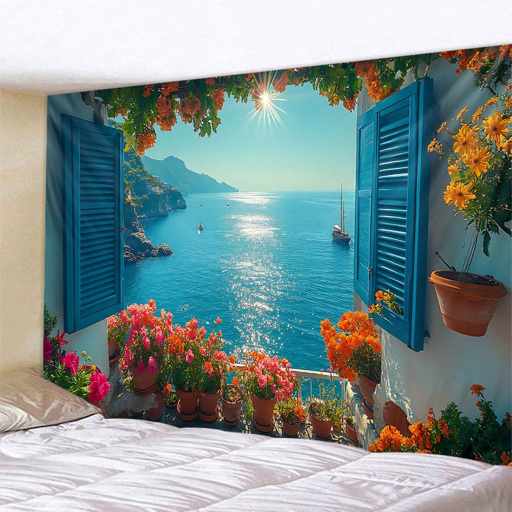 

3D Landscape Tapestry, European Balcony, Aesthetic Home Art Decoration, Wall Hanging, Bedroom Living Room Background Poster