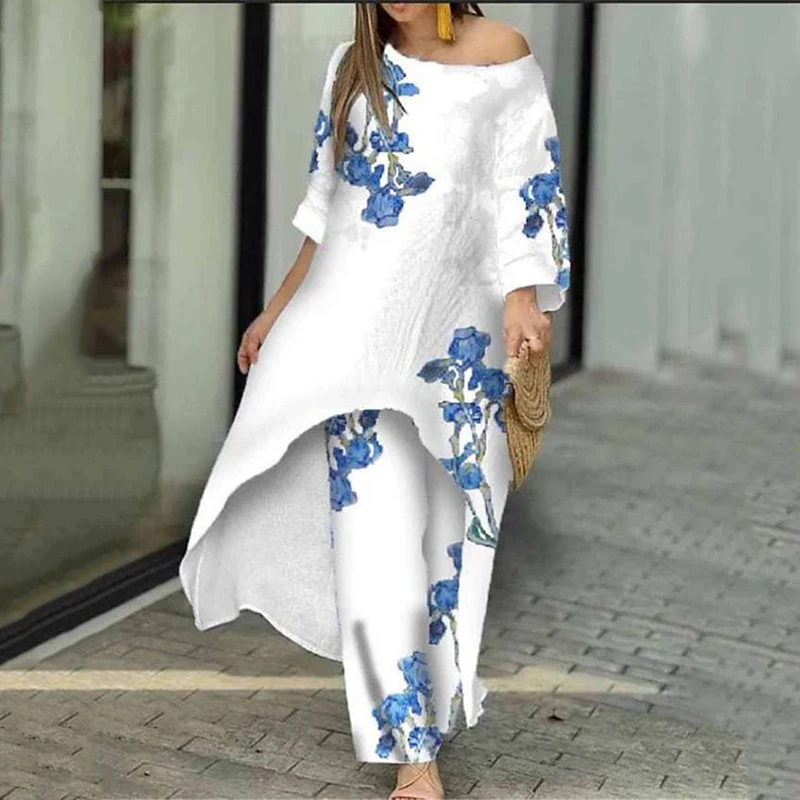 Two Piece Sets O-Neck Long Sleeve Irregular Hem Long Top & Causal Loose Wide Leg Pants Suits Fashion Print Floral Comfort Sets