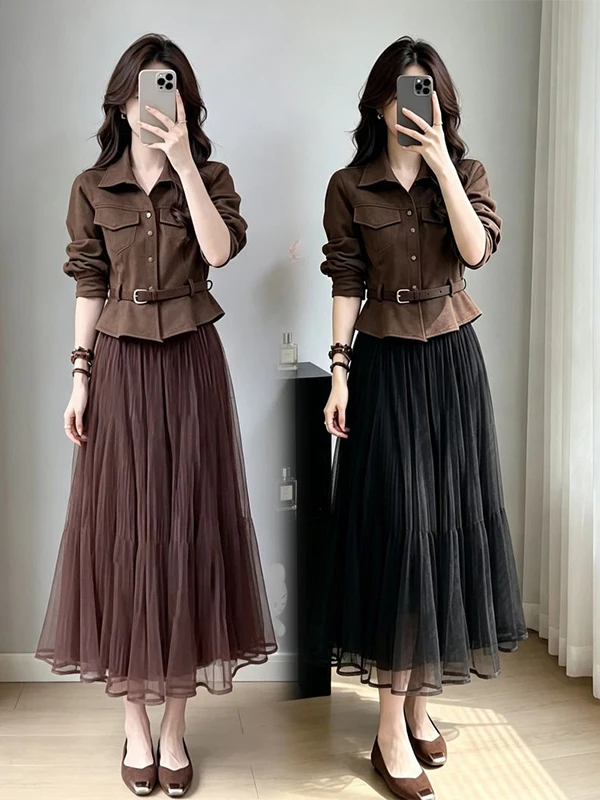 Fashionable Shirt And Skirt Set High Waist Pleated  Dress Two Piece Ensemble Elegant Style Polyester Fiber Long Sleeve