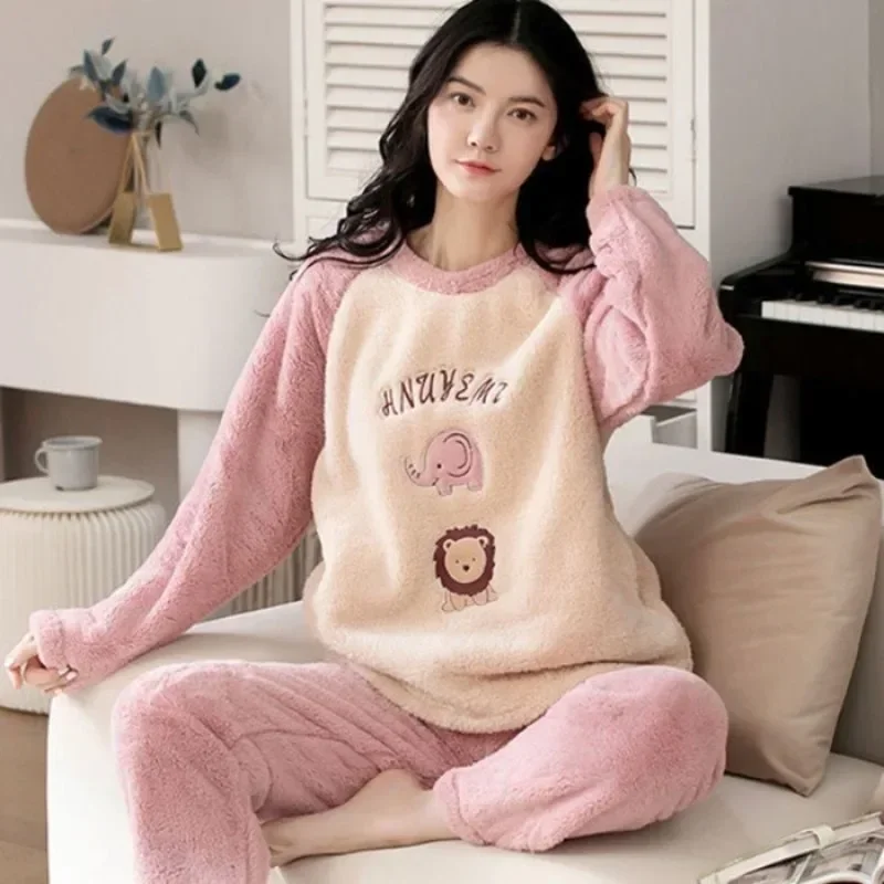 Warm Sleepwear for Winterthickened Warm Flannel Pajamas Student Long Sleeve Cartoon Ladies Loungewear Setpajamas Woman Offer