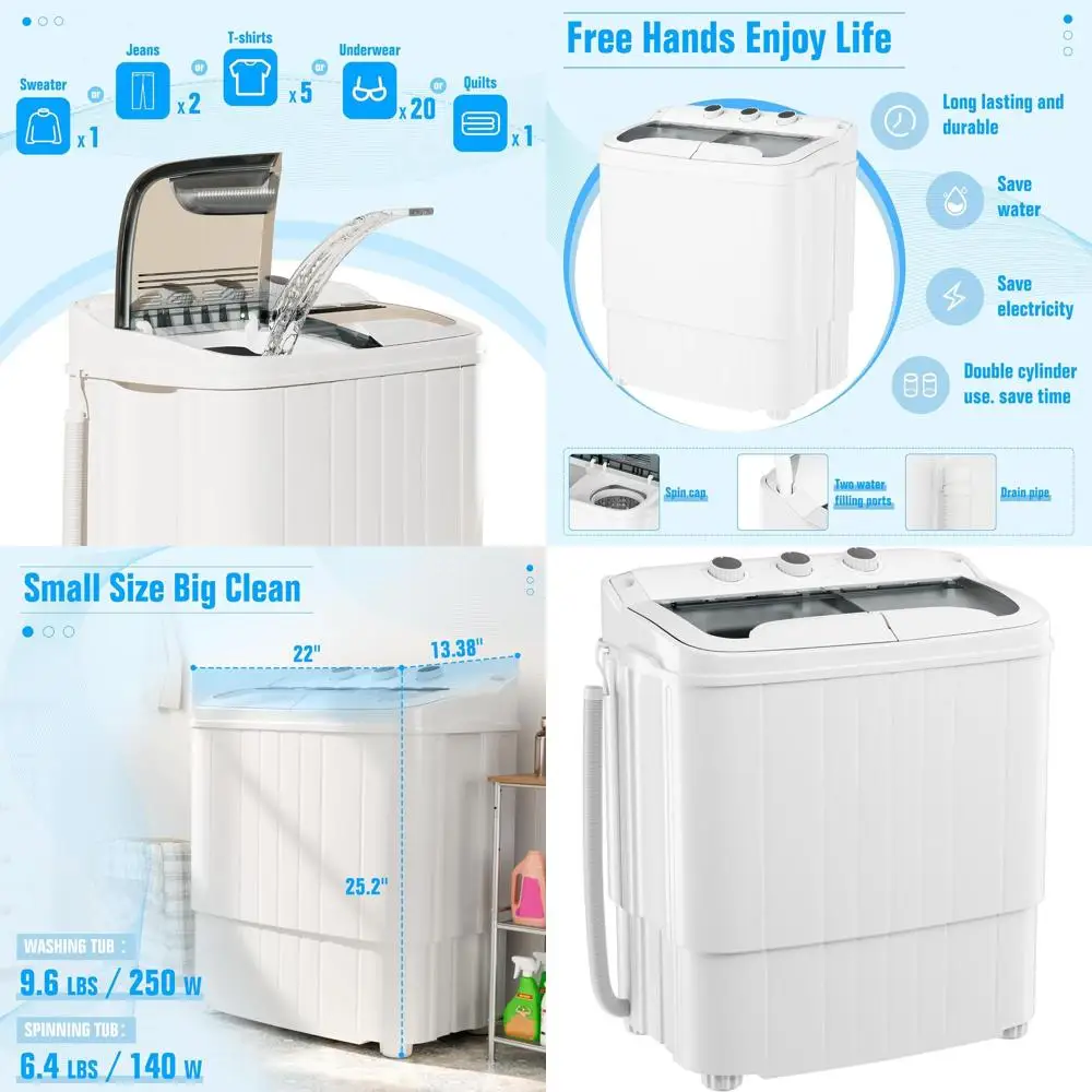 

Компактная полуавтоматическая мини-стиральная машина с функцией сушки, 16 фунтов, двухкамерная, для общежитий и автодомов (серая)