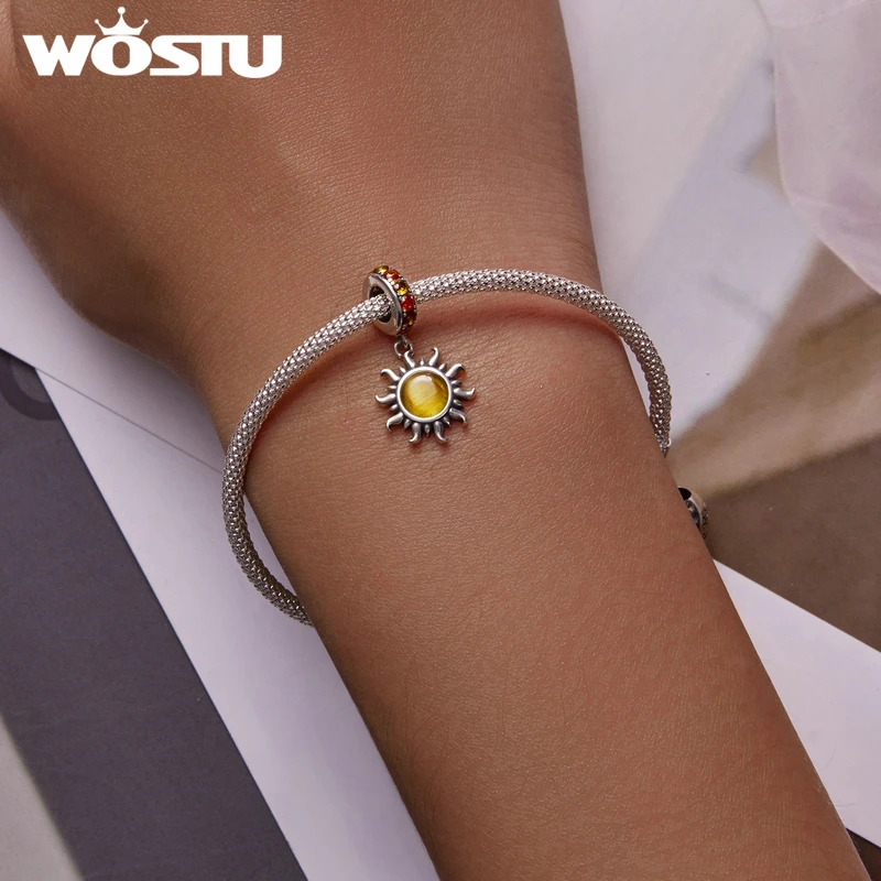 WOSTU Vintage 925 Sterling Silver Sun Style colore ambra vetro di Murano Charms perline Fit bracciali originali braccialetto creazione di gioielli