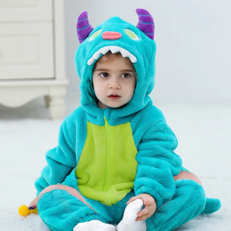 Newborn Baby Blue Green Monster Romper Hooded Bodysuit Costume Jumpsuit Onesie Toddler Plush Fleece Warm Winter Playsuit