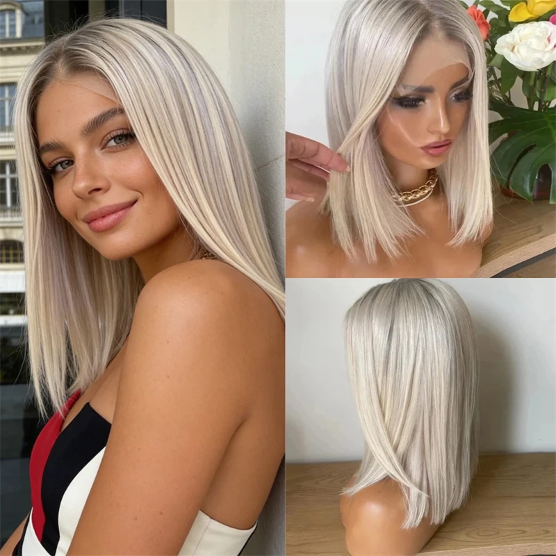 

Парик синтетический с кружевной основой, короткий прямой боб, оттенок омбре балаяж, ледяной белый блонд, с натуральной линией роста волос, для женщин, на каждый день