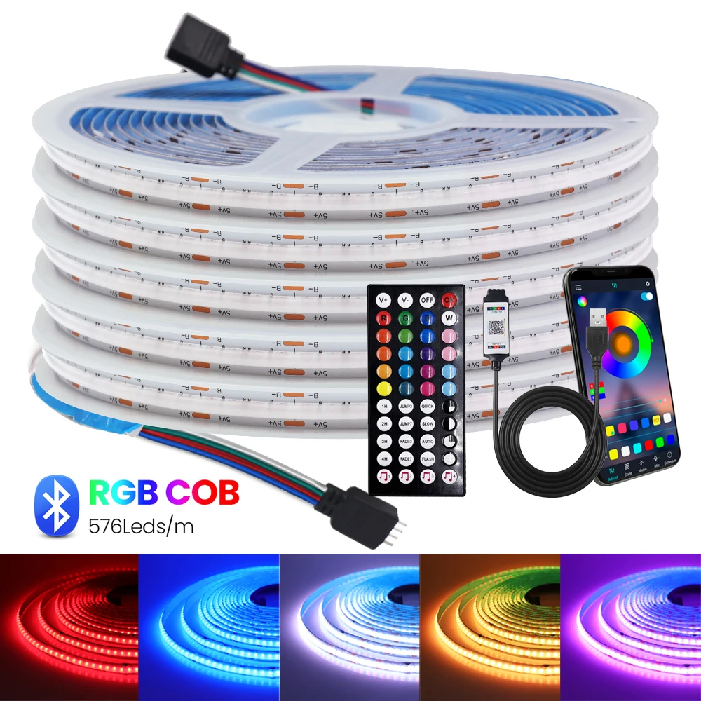 

RGB COB LED Strip Light 5V USB Bluetooth APP Remote Control High Density Flexible FOB Led Light 576 LED Ribbon Tape TV Backlight