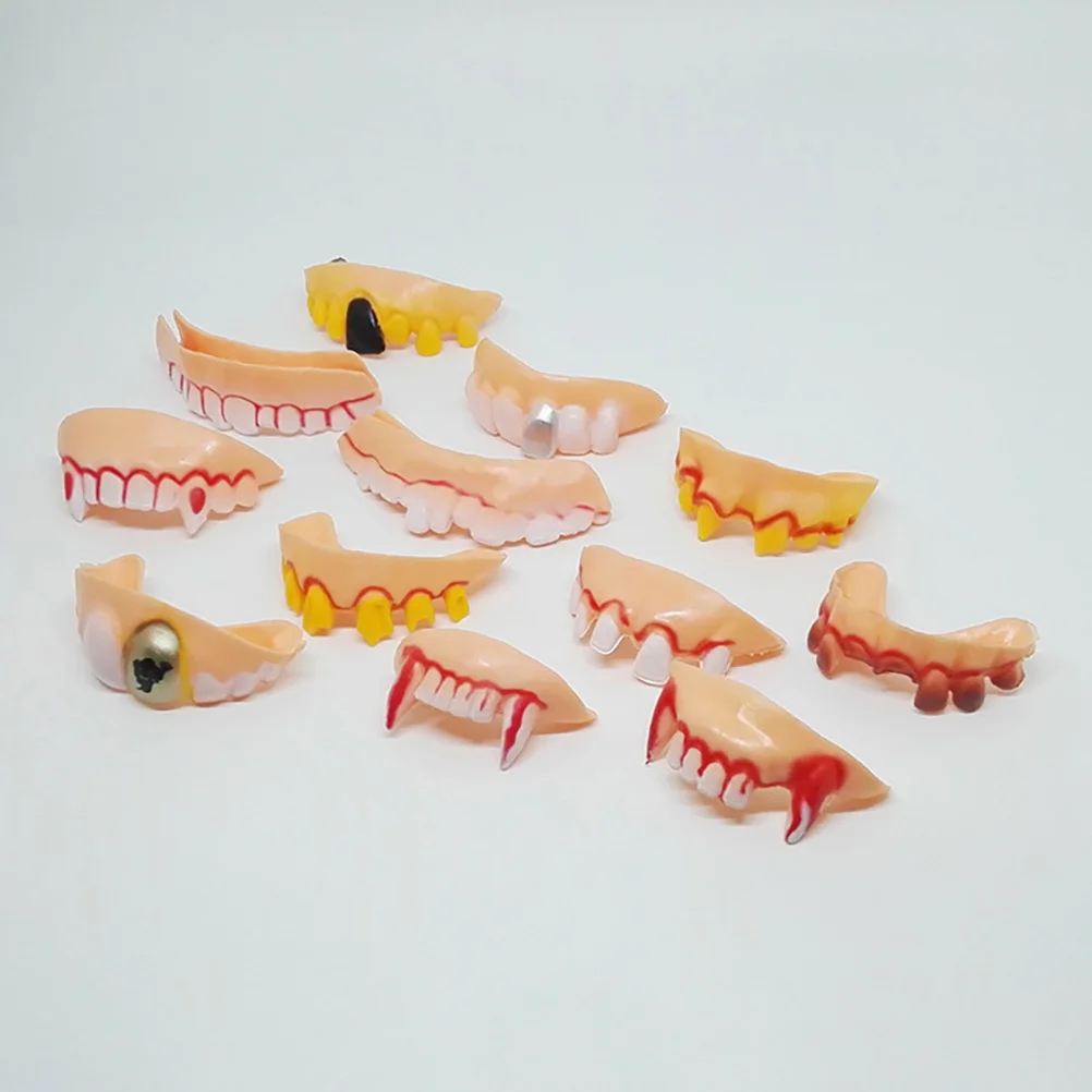 24 pçs dentes falsos traje de halloween adereços dentaduras assustadoras realistas para adultos simulação engraçada zumbi dentes de plástico