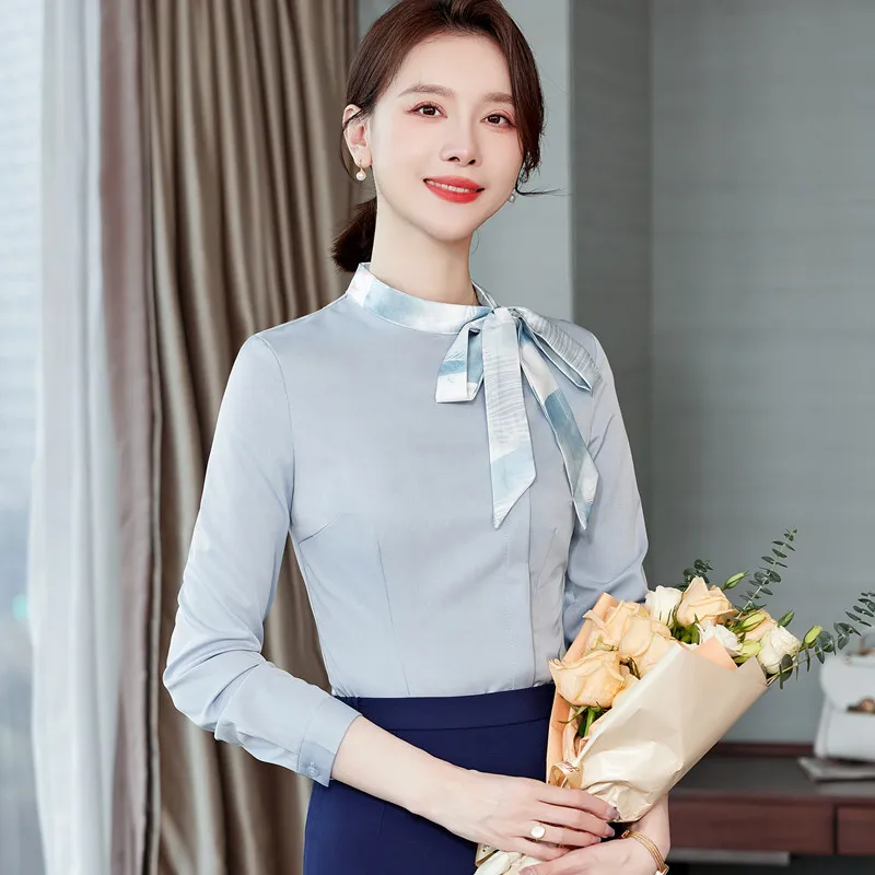 NAVIU New Style Summer Autumn Fashion Formal Ladies Shirt Women Tops Slim Elegant Office Stand Bow Blue White Blouse Work Wear