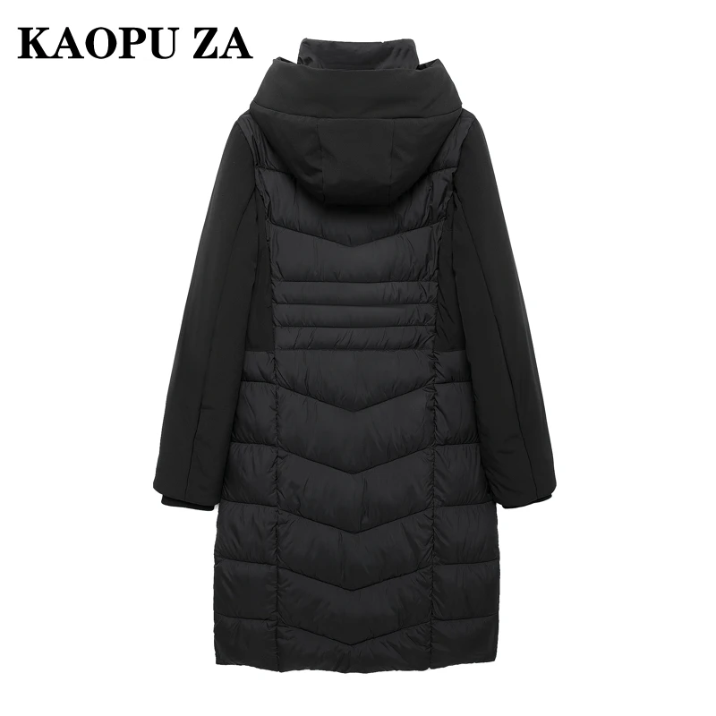 KAOPU ZA 2024 New Winter Women's Warm Long Hoodie Down Coat ladies chic Suede Quilted Lightweight Outdoor Jacket with Pockets