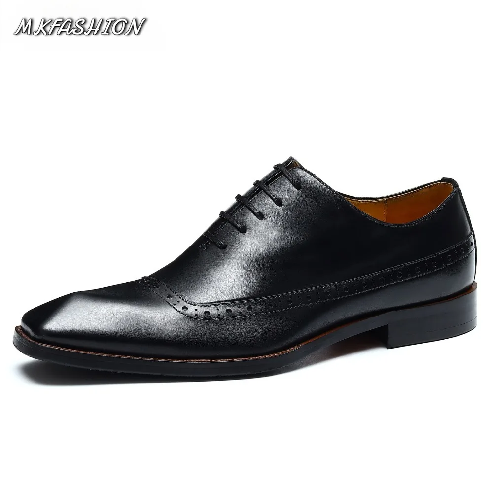 Men's British Block Carved Business Dress Oxford Shoes Genuine Leather Square Toe Lace Up Flats Wedding Shoes Footwear