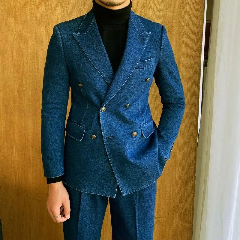 Blazer de alta calidad para hombre, traje de mezclilla azul con doble botonadura, ajustado, Formal, para fiesta de graduación, hecho a medida