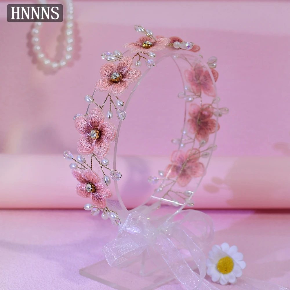 

HNNNS Handmade Beaded Headband Pink Flowers Pearl Headdress Sweet Romantic Headpiece Bridal Wedding Dress Hair Accessories A363