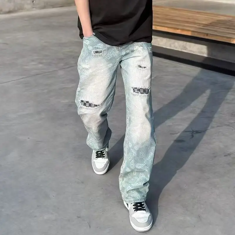 

Новые летние мужские джинсы с прямым кроем и эффектом потертости, свободные, в американском ретро-стиле, износостойкие