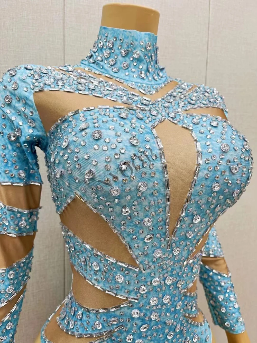 Body de manga larga con diamantes de imitación brillantes para mujer, traje de baile de actuación Sexy, cantante, bailarina, espectáculo, ropa de escenario, traje de club nocturno