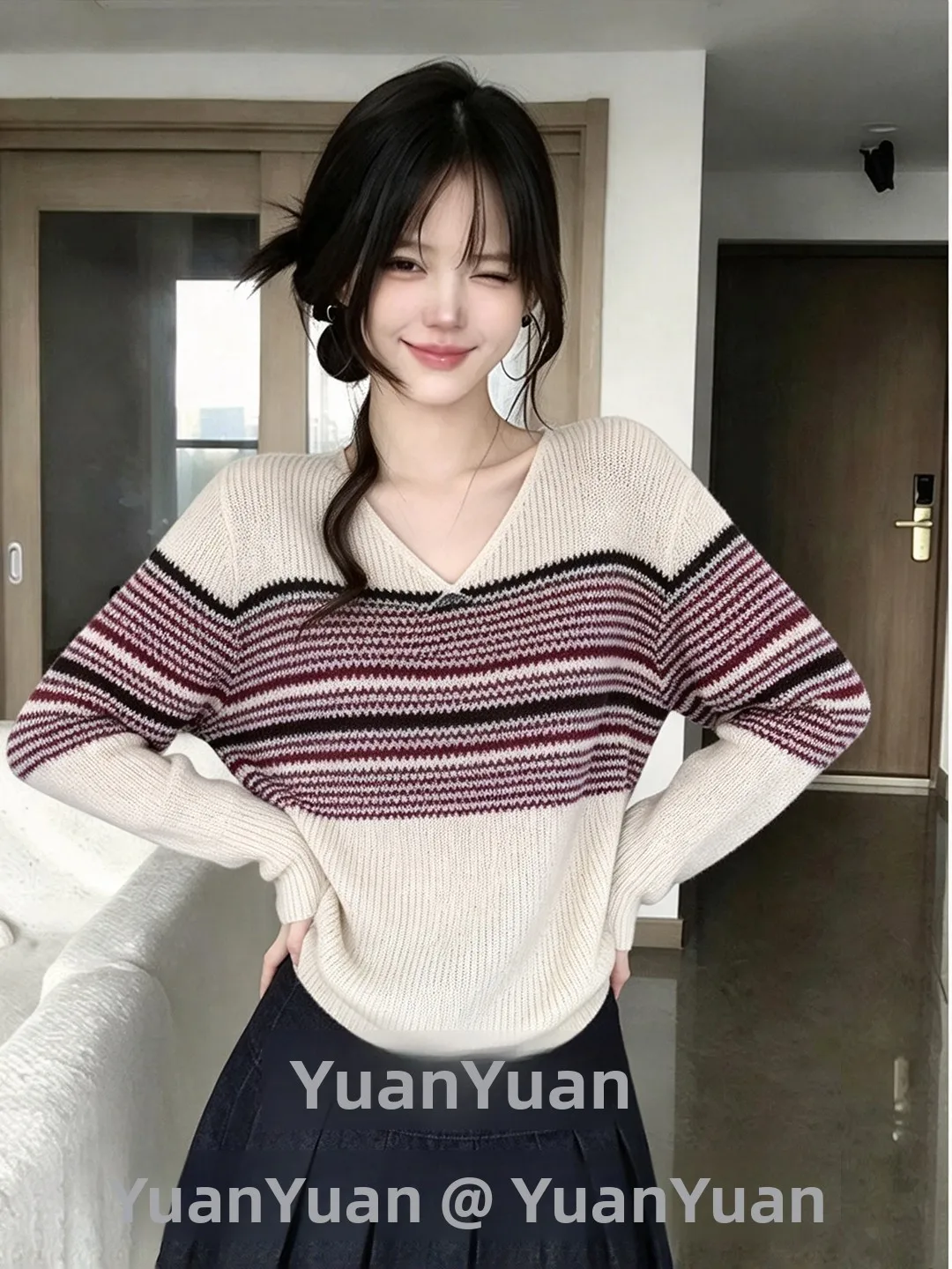 Color Block Stripe V Neck Cashmere Knitted Sweater Women's Autumn Winter Long Sleeve Loose Slimming All Match Hoodie Base Swe...