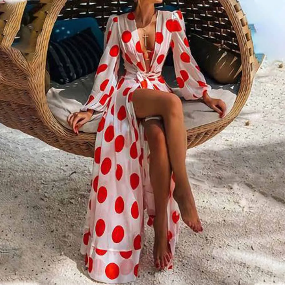 

Polka-Dot Floral-Print Puff Sleeves Dress One Piece 2024 Summer Red Single Deep-v Beachwear Bandage Beach Long Sleeve Cover Up