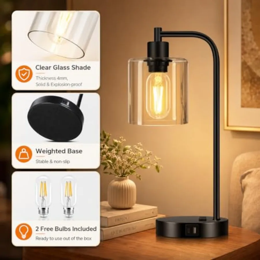 Set of 2 Industrial Touch Control Table Lamps with USB C+A Ports and AC Outlet - 3-Way Dimmable Black Bedside Lamps Nightstand - view 5