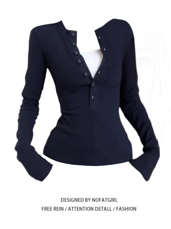 

Женская облегающая футболка больших размеров Long Sve, осенняя основа irt Sli, универсальный утягивающий топ, американский топ на пуговицах