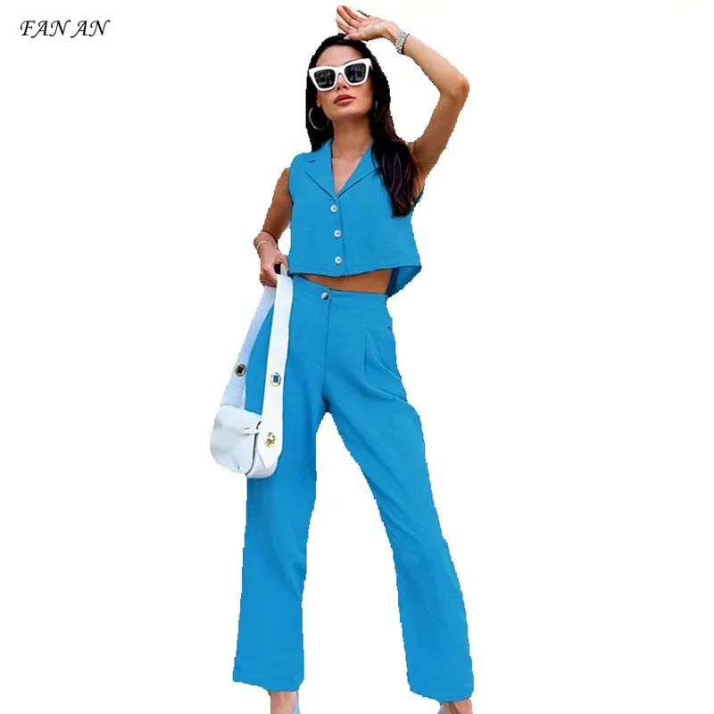 

Summer Autumn New Cotton Hemp Fashion Casual Set 2024 Solid Color Suit Collar Sleeveless Nine Split Pants Women's Two Piece Set