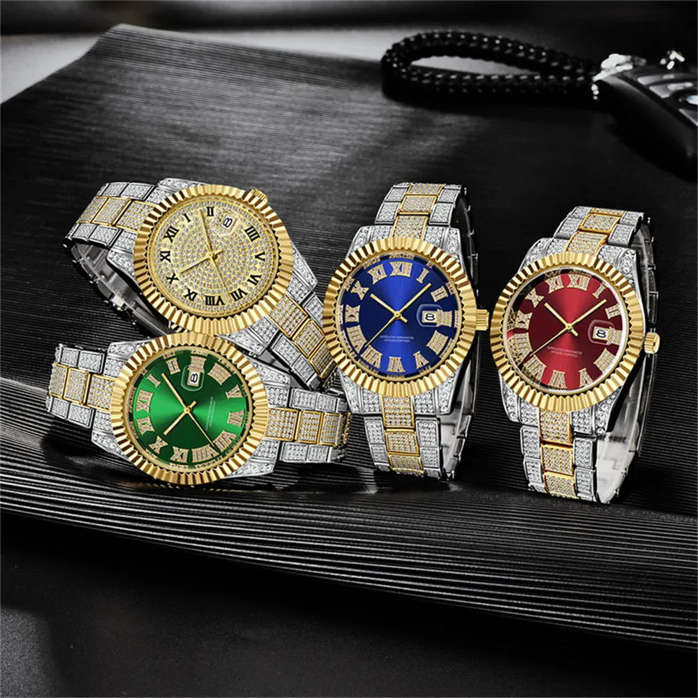 Relogio Masculino Men Brand Hip Hop Diamond Fashion Alloy Band Golden Date Luxury Watch sss Supply Montres de Marque de Luxe Hot