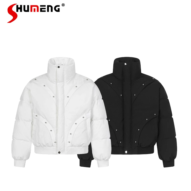 Men Women 2025 Winter New Couple's Warm Parkas Fashion Beaded Design Thickened Stand Collar Jackets Solid Color Handsome Parkas