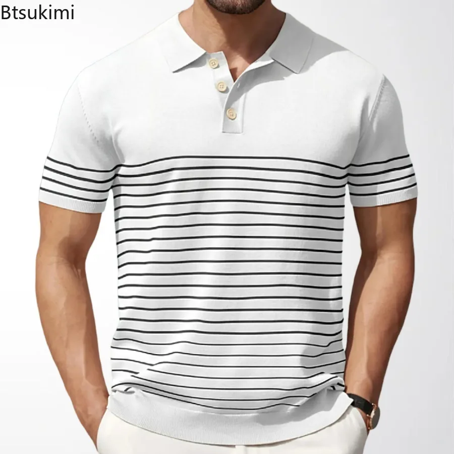 2026 Men's Classic Simple Business Polo Shirt Fashion Stripe Short Sleeve Patchwork Casual Tops Men Sport Golf Wear Social Shirt