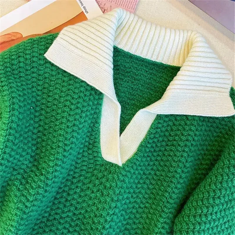 HELIAR Women V-Neck Green Sweet Sweater Long Sleeve Patchwork Warm Pullover Casual Loose Sweater For Women 2023 Autumn Winter