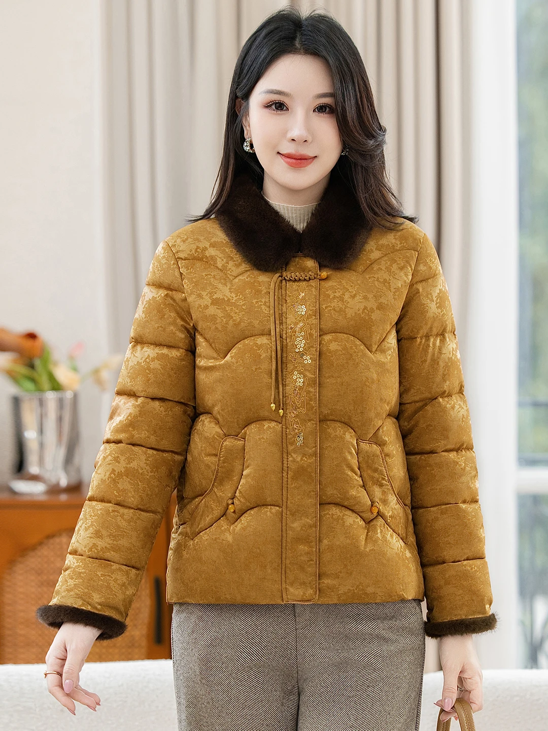 Thickened Collar Women's Fashion Slimming Sequin New Chinese Style Cotton Jacket National Trend Button Spring Autumn Winter