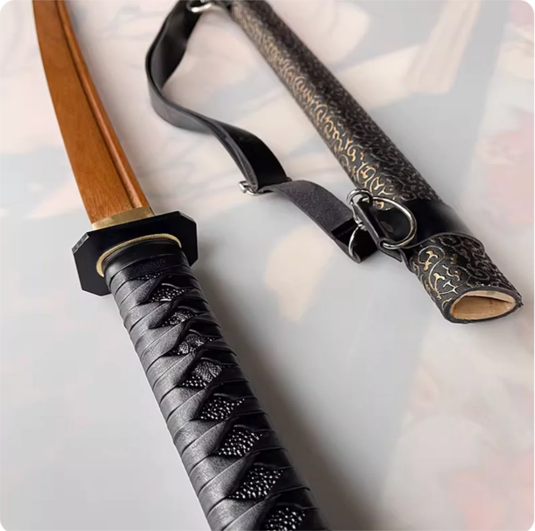 Bokken de 103 cm para Iaido y Bushido, Katana de Madera de Wenge de Calidad, Hoja de Madera Dura, Saya de Cuero Enrollado, Accesorios de Cosplay, Sin Cuchilla Afilada