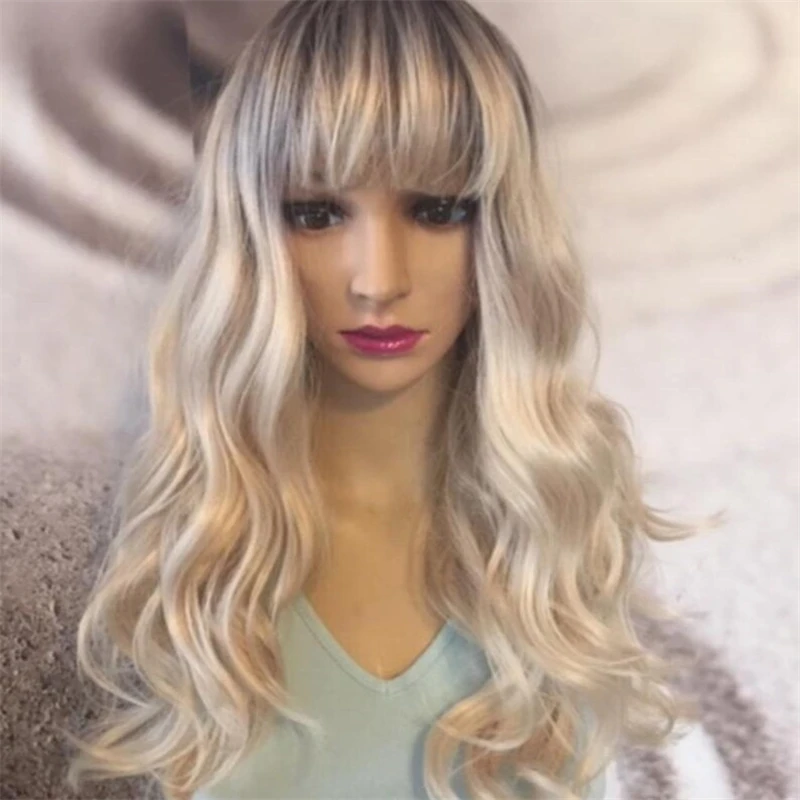 Ombre Hellblonde, hitzebeständige synthetische Lace-Front-Perücke mit Pony, natürlich aussehende dunkle Wurzeln, natürlich aussehende Perücke für Frauen, 40,6 cm