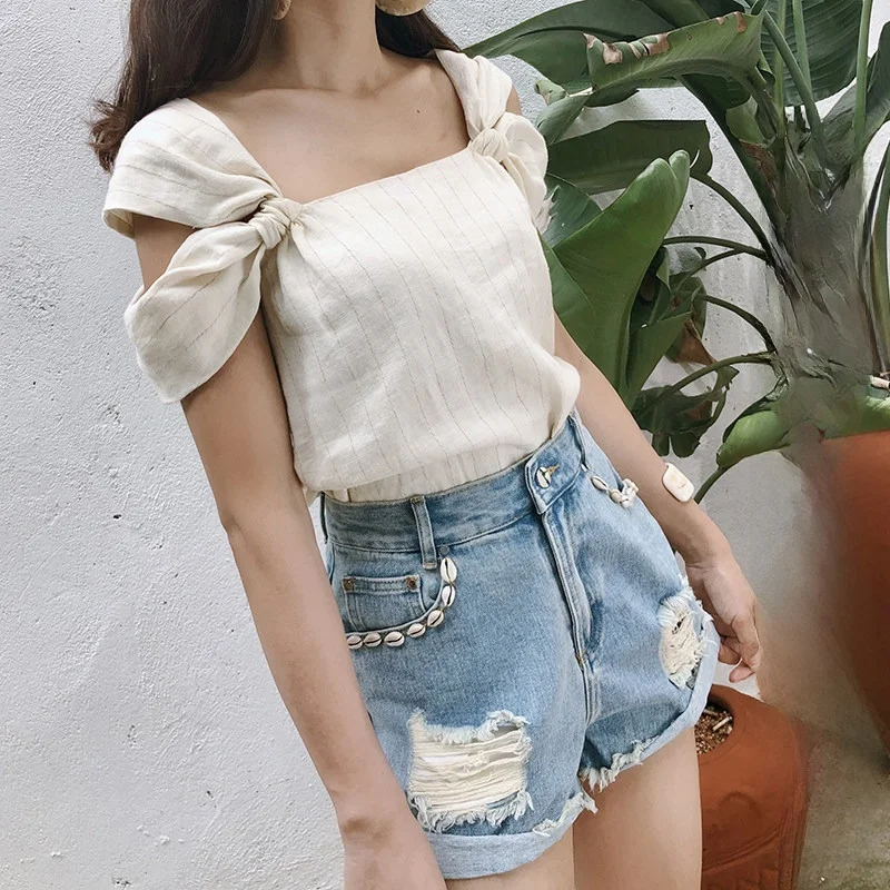 

Elwing Original Summer Fashion High Waist Cuffed Loose Jeans Shorts Women's Vintage Style Torn Hole Slimming Effect Casual Pants