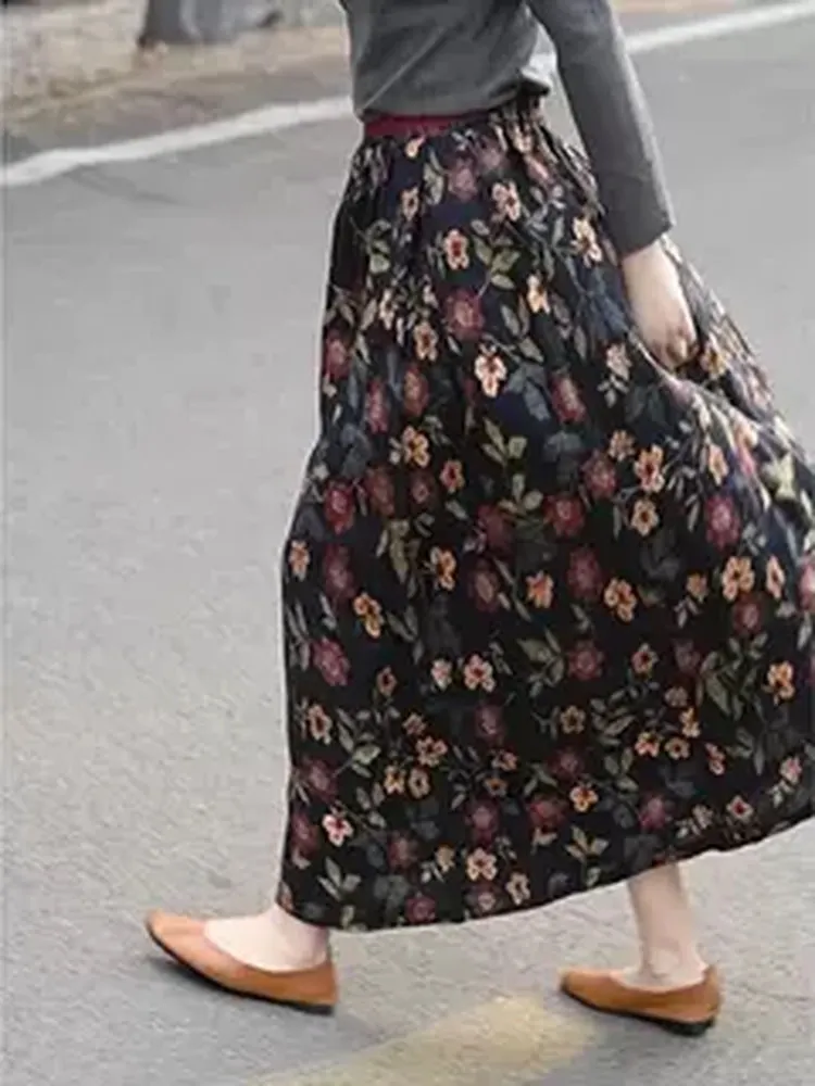 

Rixo Лляная макси-юбка с ретро-принтом и высокой талией, облегающая юбка средней длины, повседневная женская юбка на молнии