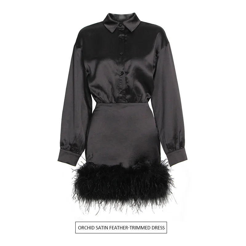 Wind Temperament, Socialite Personality, Satin Bread Buttocks Skirt, 2025 Spring Collar, Long Sleeved Solid Color, High-End
