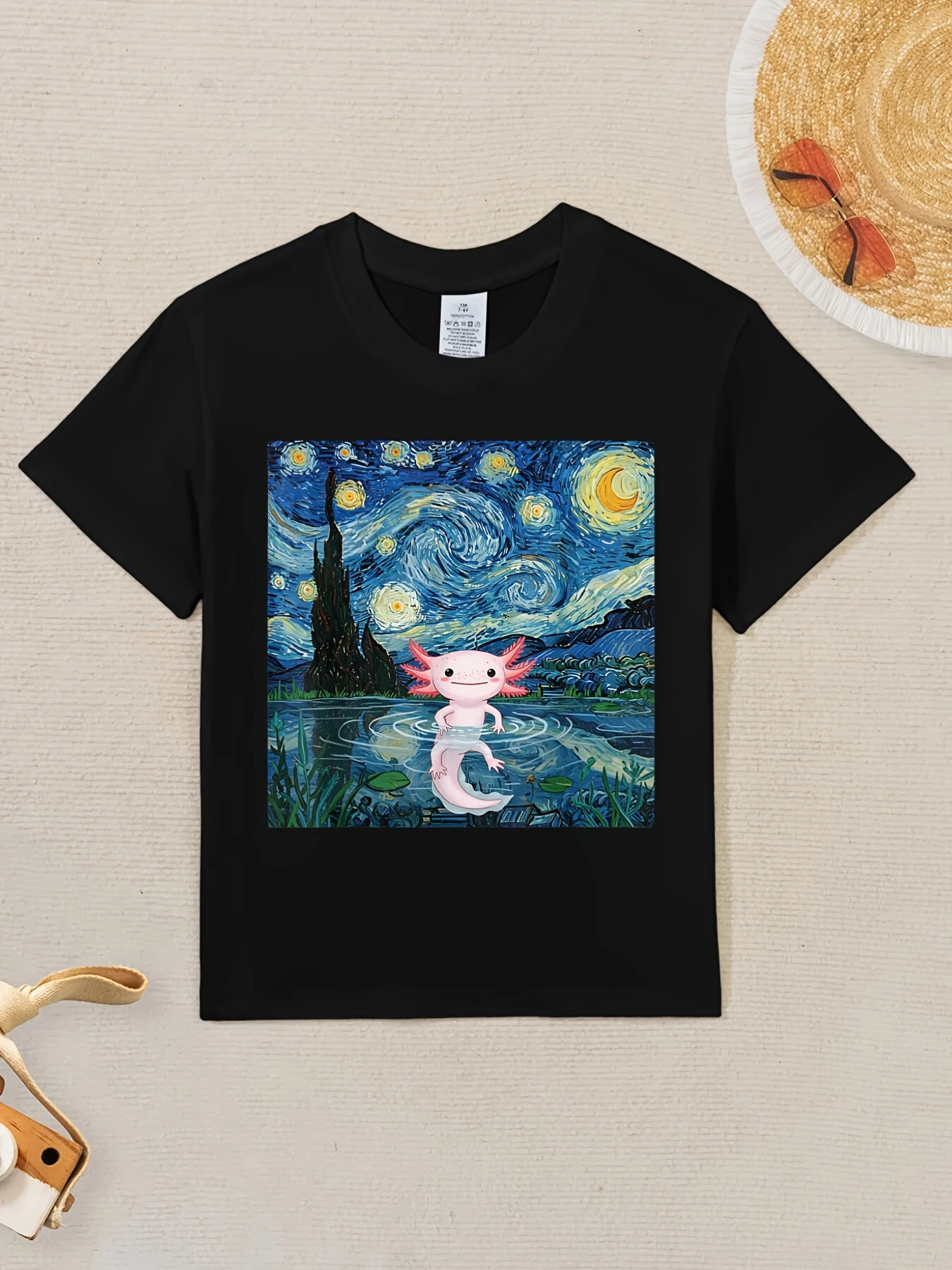 

Очаровательная детская футболка в стиле Аксолотль Kawaii Ван Гог «Звездная ночь», детская футболка с круглым вырезом, футболка для мальчиков и девочек, летняя футболка с коротким рукавом