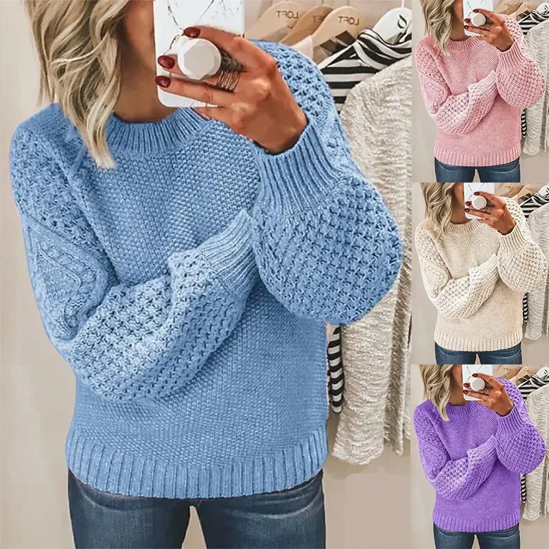 

Women Sweaters Solid Knit Thick Splice Pullovers Sweater Full Sleeve Regular Vintage Elegant Lady Casual Winter Streetwear
