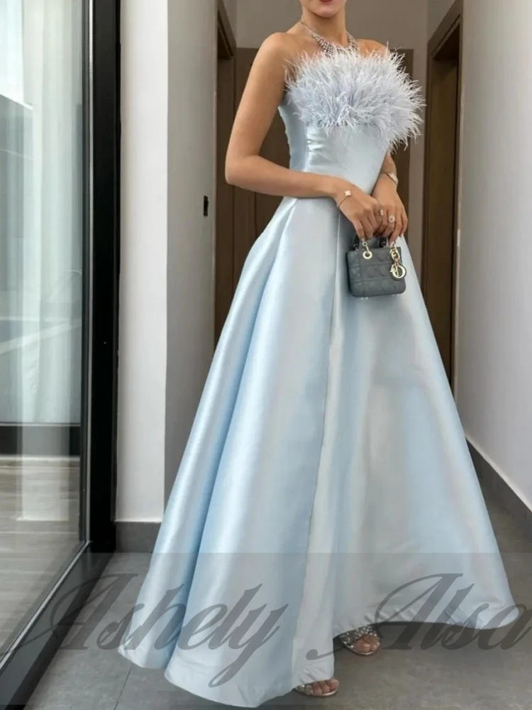 사용자 정의 우아한 여성 공식 특별 행사 드레스 깃털 새틴 라인 긴 댄스 파티 웨딩 파티 vestido de gala noche mujer