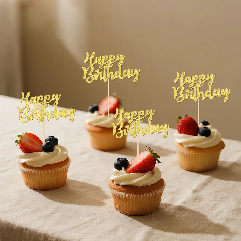YOMDID 24 Stück glitzernde Cupcake-Topper zum Geburtstag, Kuchen-Picks zum Feiern, Geburtstag, Kuchendekoration, Party-Dekoration, Zubehör – Detail 7
