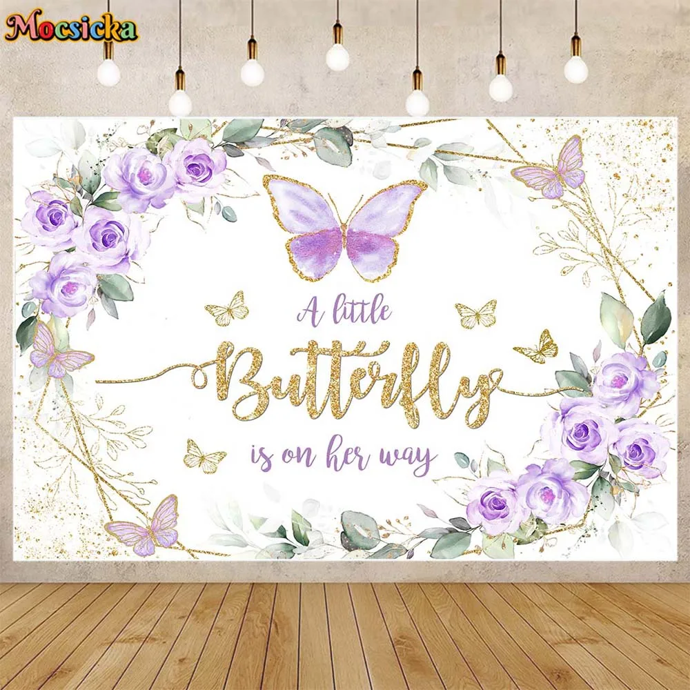 

Mocsicka A Little Butterfly Baby Shower Backdrop Purple Butterfly Flowers Girl Birthday Party Photo Backgrounds Customize Banner