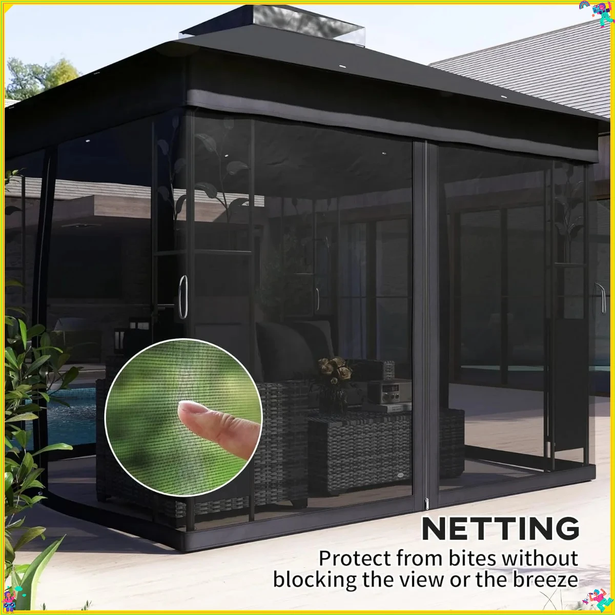 棚とネット付きの二重屋根のガゼボ、UV30+ キャノピーで日よけと虫よけを実現、裏庭での快適な屋外生活を