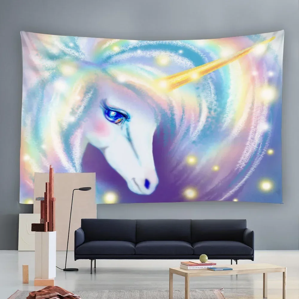 Cartoon Unicorn Dreamy Scene Fabric Mural Tapestry - Bedroom Wall Decoration Sofa Cover Beach Mat Picnic Bed Sheet