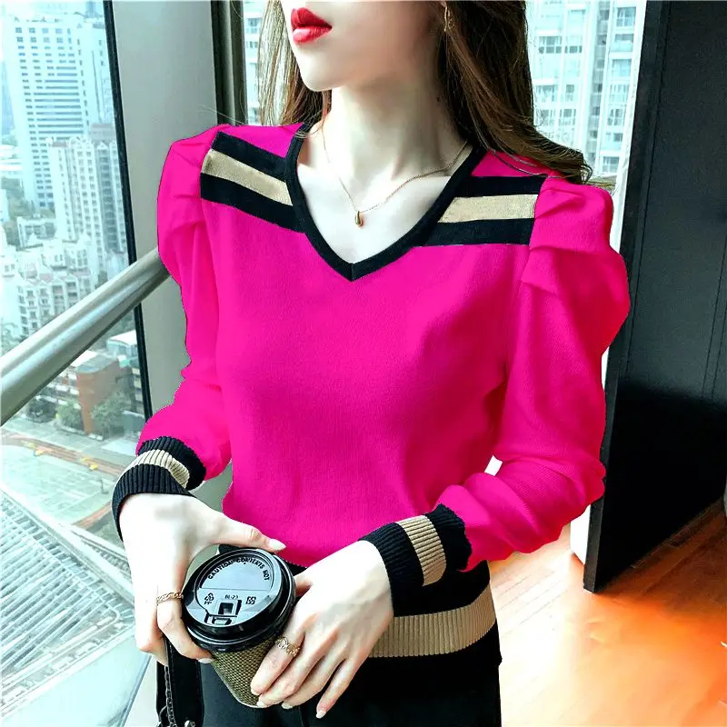 Fashion V-Neck Spliced Knitted Puff Sleeve Blouses Women\'s Clothing 2023 Autumn Winter New Loose Casual Tops All-match Shirts