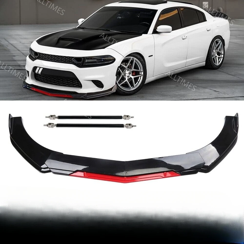 

Front Bumper Lip Spoiler Splitter Gross Black Red+ Strut Rods For Dodge Charger United States