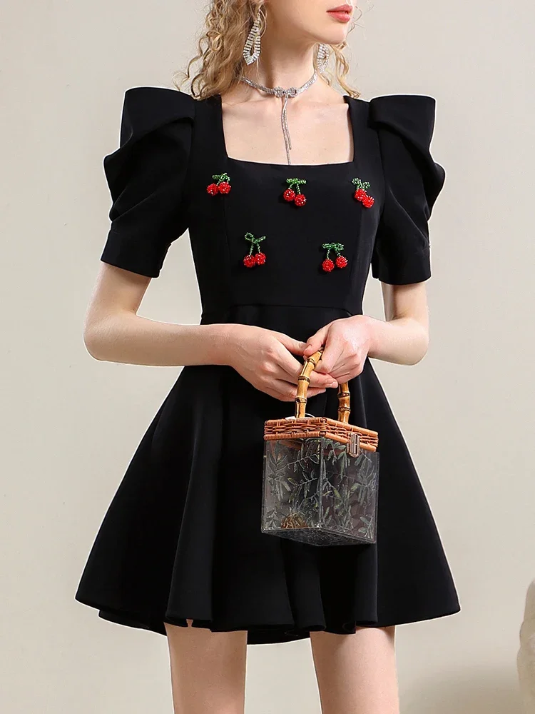 Designer Model French Midi Dress women Summer Gentle Elegant Chic Puff Sleeve Waist Skimming Small Black Dress Bride Red Dress