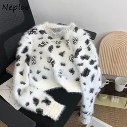 Maglione con stampa leopardata Vintage Neploe per donna top lavorati a maglia con diamanti di moda pesante autunno inverno nuovi pullover caldi con clic