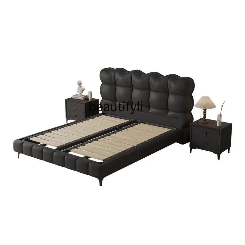 Italian minimalist first-layer cowhide bed Modern minimalist French retro leather bed Black double bed